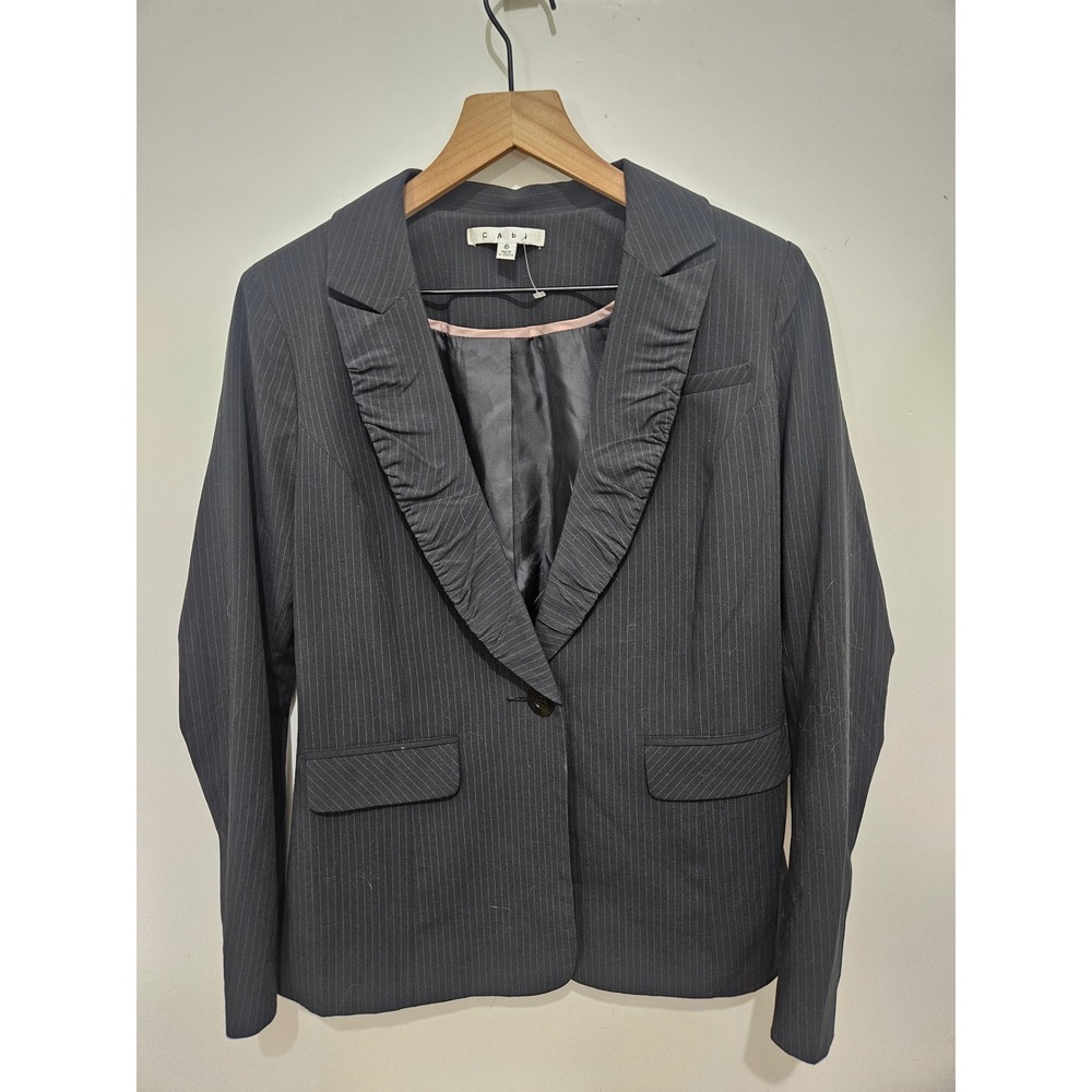 Cabi Black Pinstripe Ruched Lapel One Button Blazer Style 601 Women Size 6